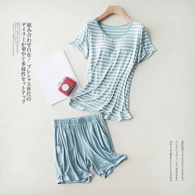 New Modal Lady Short Sleeve Pajamas Set with Bra Pad Bra One Piece Half Sleeve Shorts Striped Loose Large Size Home Wear Set