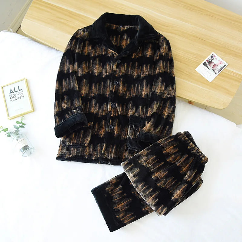 Autumn And Winter New Men's Pajamas Long-sleeved Trousers Two-piece Flannel Thickened Warm Home Service Set Plaid Large Size Men