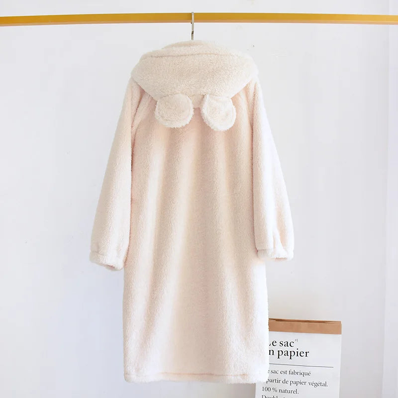 New autumn and winter flannel ladies nightgown thickened and longer warm Japanese solid color long-haired home service pajamas