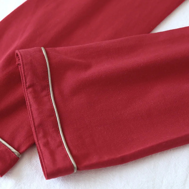 New spring and autumn couple knit pajamas, long-sleeved trousers, two-piece 100% cotton red men's and women's home service suit