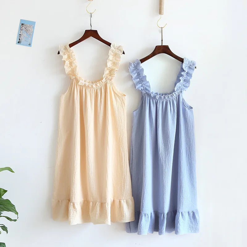 2025 Summer New Style Nightdress Ladies 100% Cotton Crepe Thin Vest Suspender Skirt Loose Long Skirt Sweet And Cute Home Skirt