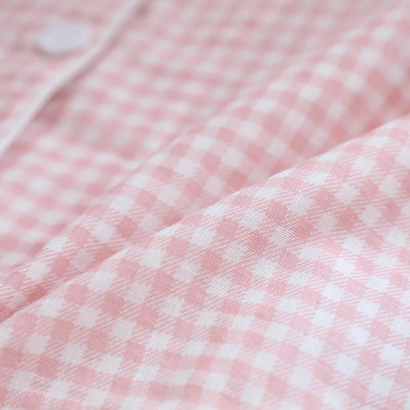 Japanese new couple pajamas, long-sleeved trousers, two-piece 100% cotton gauze simple plaid home service suit for men and women