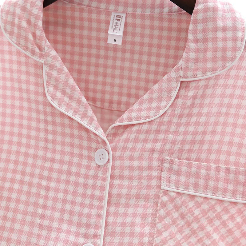 Japanese new couple pajamas, long-sleeved trousers, two-piece 100% cotton gauze simple plaid home service suit for men and women
