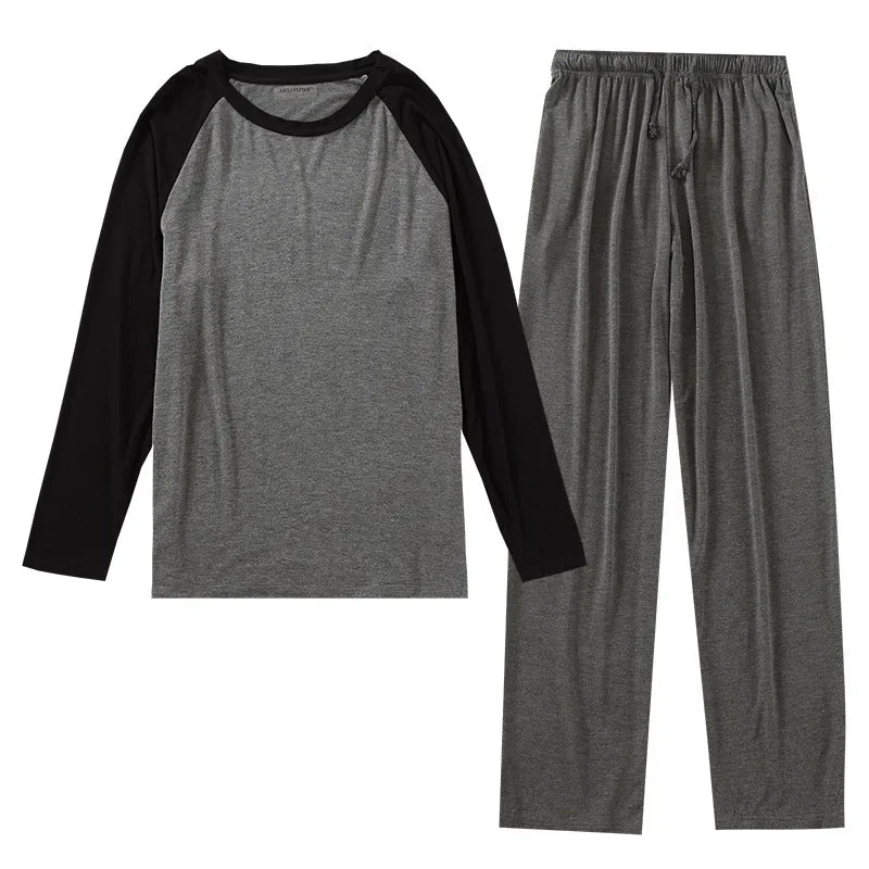 Spring and summer men's modal long-sleeved trousers pajamas set splicing large size sports home service suit spring and autumn