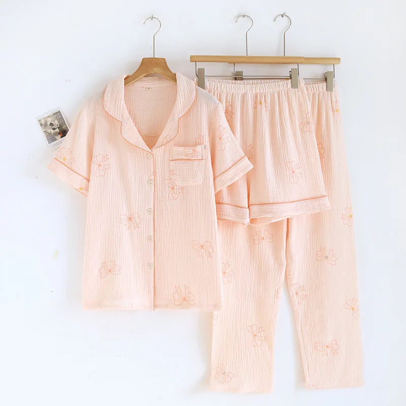 2025 New Spring/Summer Women's Pajama Set 100% Cotton Crepe Short Sleeve+Shorts+Pants 3-Piece Thin cardigan Home Clothes Ladies
