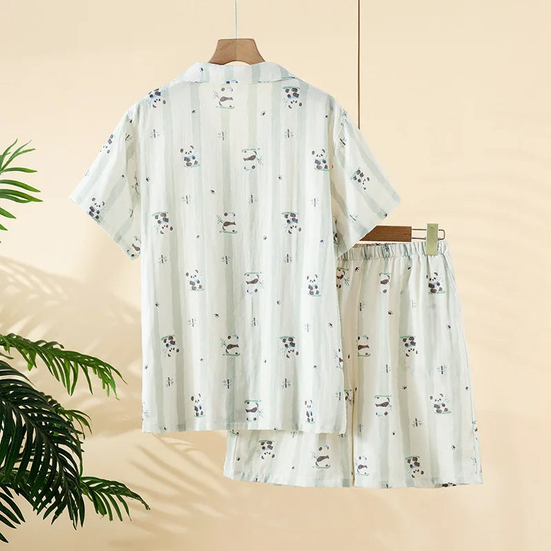 2025 Summer New Women's Pajama Set 100% Cotton Gauze Short Sleeve Shorts Two Piece Set Thin cardigan Home Clothes sleepwear