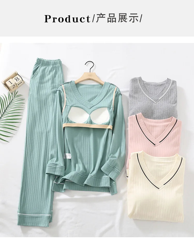 New Spring and Autumn Women's Pajamas Set V-Neck Cotton Thread Knitted Long Sleeve Pants Solid casual two-piece home clothes