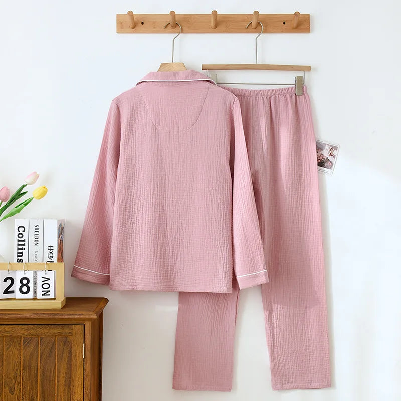New Spring and Autumn Couple Pajamas Set 100%Cotton Crepe Long Sleeve Pants Two Piece Men's and Women's Large Size Home Garments