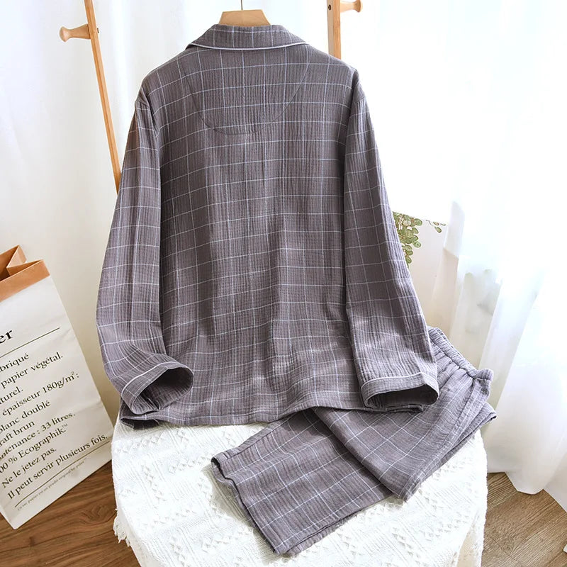 2025 Spring and Autumn New Men's Pajama Set 100%Cotton Crepe Plaid Long sleeved Pants Two Piece Set Cardigan Large Size Homewear