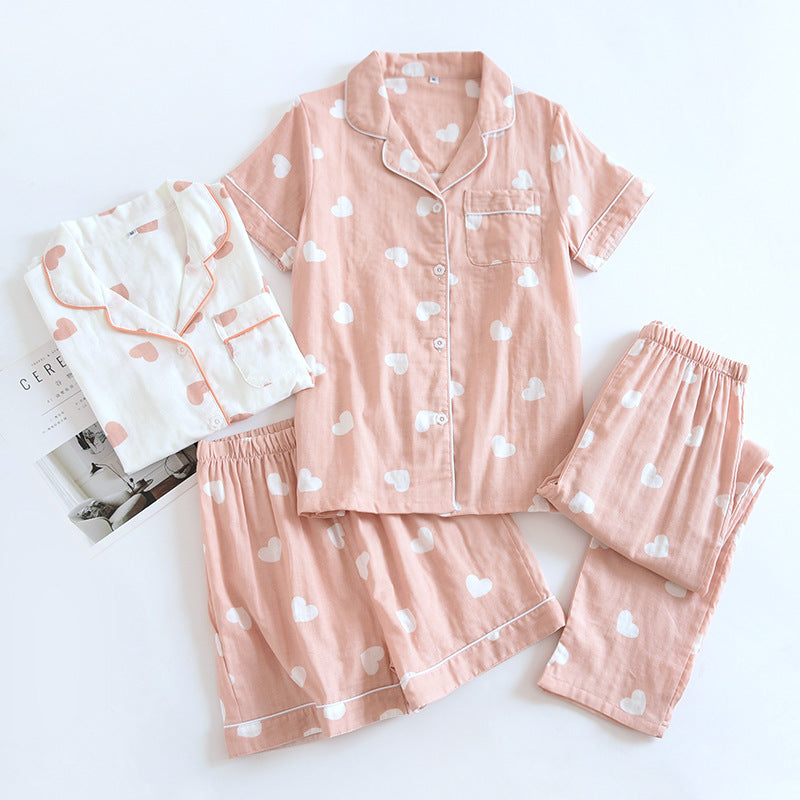 New spring and summer women's pajamas three-piece set short sleeves + shorts + trousers 100%cotton gauze love print homewear set