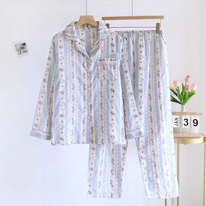 2025 Japanese New Women's Pajama Set 100% Cotton Gauze Long Sleeve Long Pants Two Piece Set Fresh and Sweet Thin Home Clothing