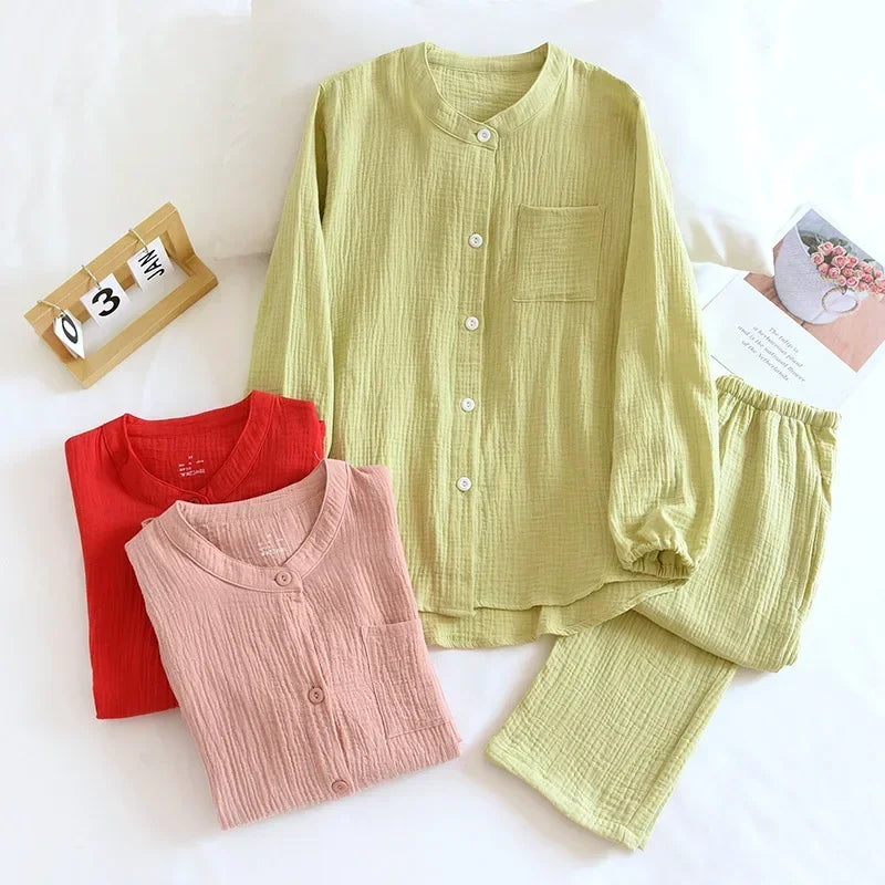 2025 New Spring and Autumn Couple Pajama Set 100%Cotton Crepe Fabric Men's and Women's Long Sleeve Pants Home Suit Two Piece Set