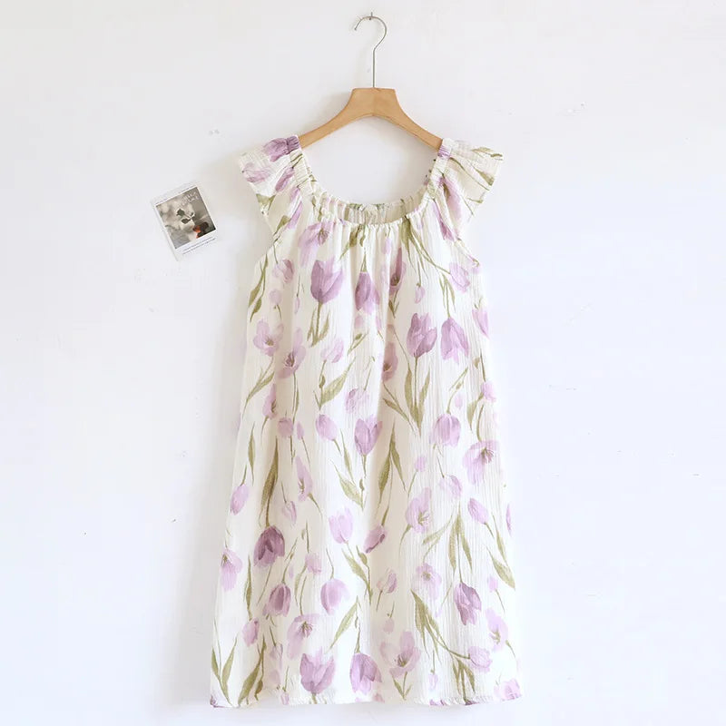 2025 New Summer Women's Sleeping Skirt 100% Cotton Crepe Cloth with Chest Cushion Tank Top Skirt Loose Thin Large Home Clothing