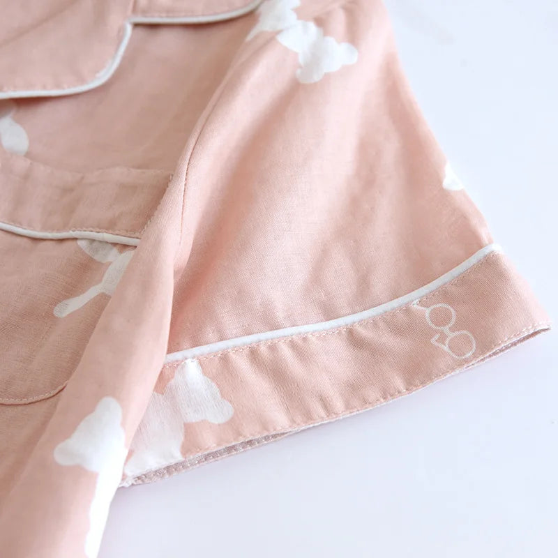 Summer new couple pajamas three-piece set short-sleeved + shorts + trousers 100% cotton gauze men's and women's home clothes