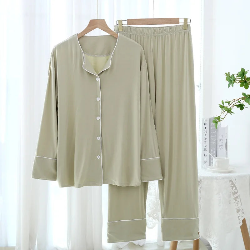 New Spring and Autumn Women's Pajamas Set Modal Pure Color Simple Thin Cardigan Long Sleeve Pants Two Piece Home Suit Sleepwear