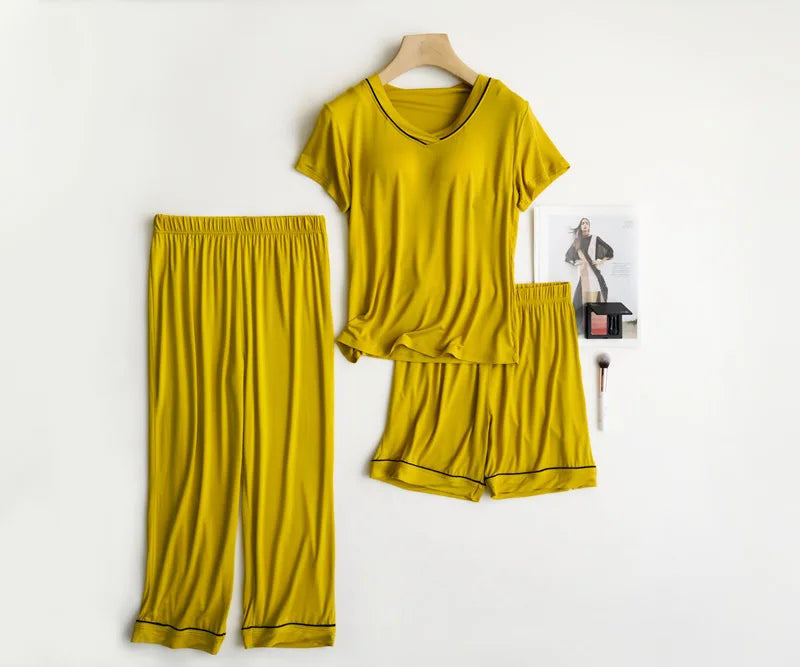 2025 summer new women's pajamas 3-piece Modal large simple pajamas with bra short sleeves+shorts+trousers casual home wear
