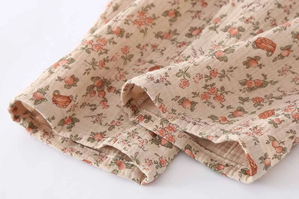 2025 Spring/Summer Women's New Pajama Set 100% Cotton Crepe Short Sleeves+Pants Flip Collar Vintage Flower Simple Homewear