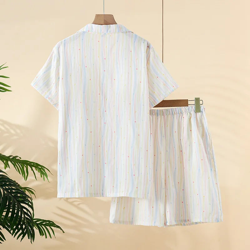 2025 Summer New Women's Pajama Set 100% Cotton Gauze Short Sleeve Shorts Two Piece Set Thin cardigan Home Clothes sleepwear
