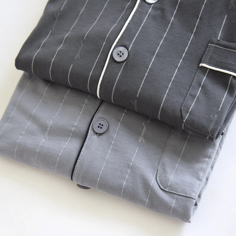 Spring and autumn new men's pajamas long-sleeved trousers suit 100% cotton knitted striped plus size home clothes two-piece set