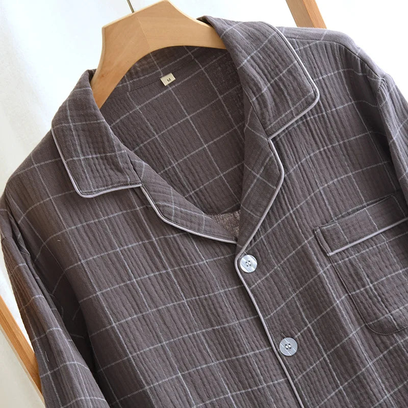 2025 Spring and Autumn New Men's Pajama Set 100%Cotton Crepe Plaid Long sleeved Pants Two Piece Set Cardigan Large Size Homewear