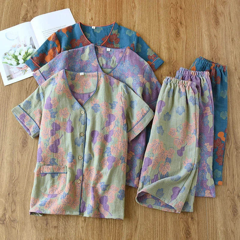 2025 Spring/Summer New Women's Pajama Set 100% Cotton Jacquard Short Sleeves+Capris Two Piece V-Neck Thin Homewear Ladies