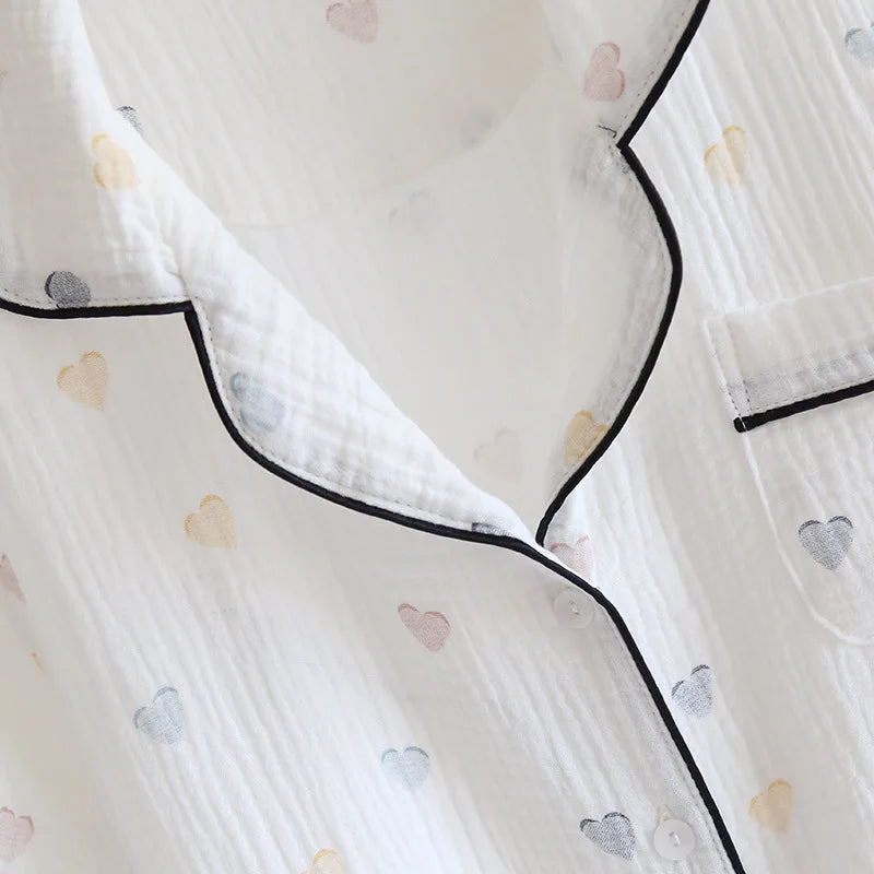 2025 New Summer Women's Pajama Set 100% Cotton Crepe Short Sleeves+Shorts+Pants Three Piece Casual Ladies Homewear Sleepwear