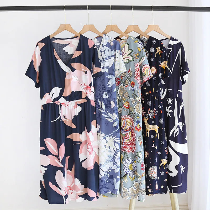 Summer New Ladies V-neck Nightdress 100% Viscose Short Sleeve Home Dress Floral Comfort Large Size Dress Thin Section women