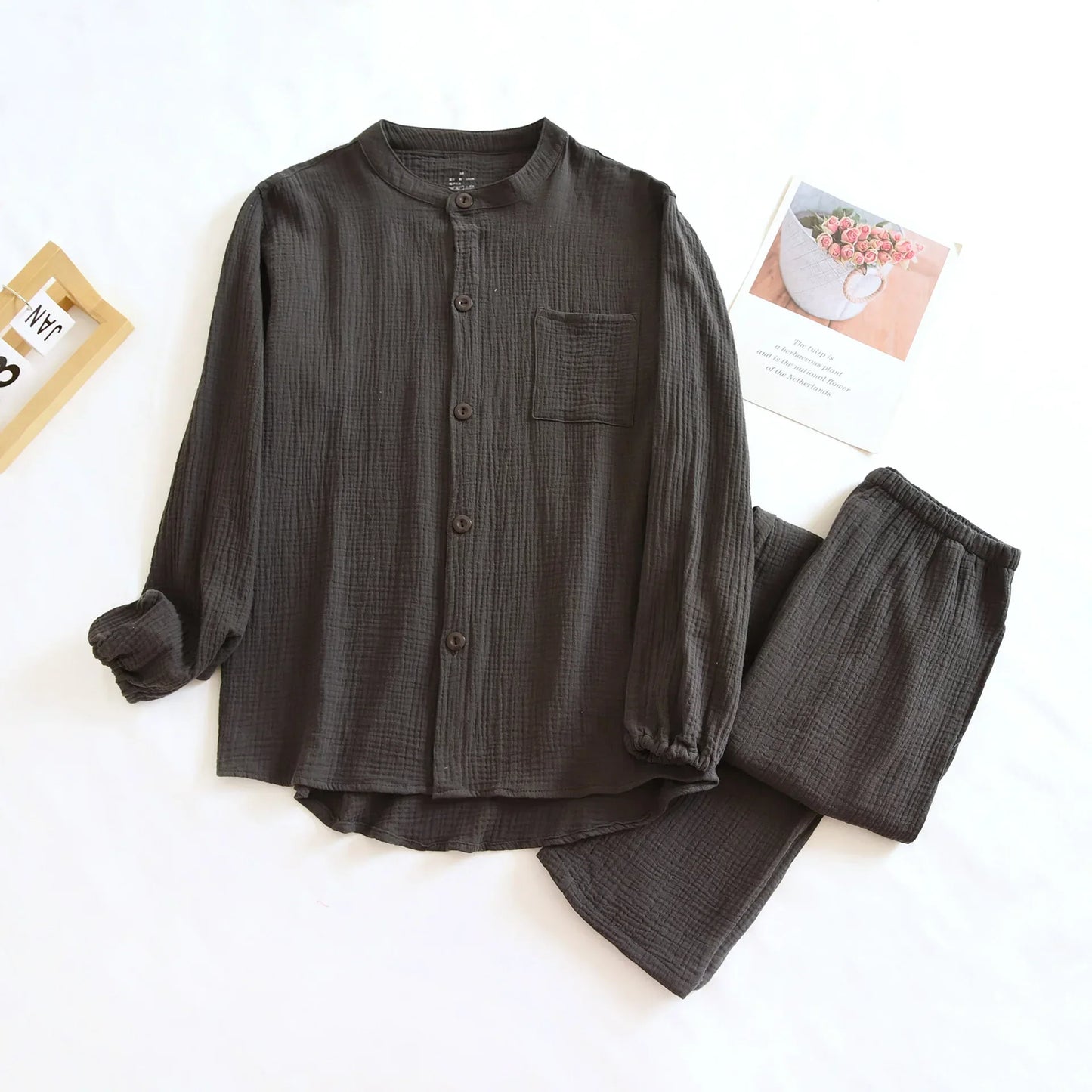 2025 New Spring and Autumn Couple Pajama Set 100%Cotton Crepe Fabric Men's and Women's Long Sleeve Pants Home Suit Two Piece Set
