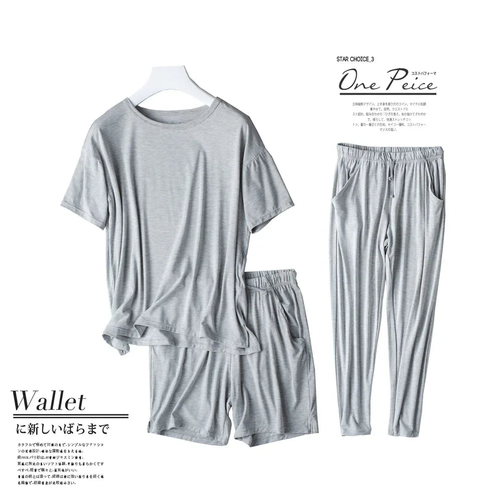 Spring and summer new ladies pajamas three-piece short-sleeved shorts trousers modal soft T-shirt pajamas women's loose home set