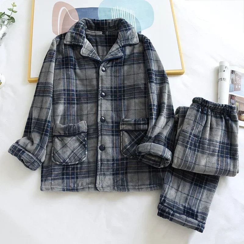 Autumn And Winter New Men's Pajamas Long-sleeved Trousers Two-piece Flannel Thickened Warm Home Service Set Plaid Large Size Men