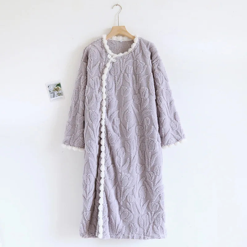 2025 New Autumn/Winter Women's Flannel Sleeping Skirt Long Sleeve Thickened Warm Long Style Loose Sleeper Robe Home Clothing