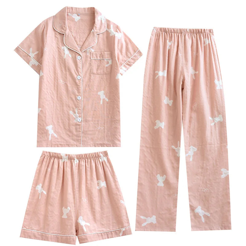 Summer new couple pajamas three-piece set short-sleeved + shorts + trousers 100% cotton gauze men's and women's home clothes