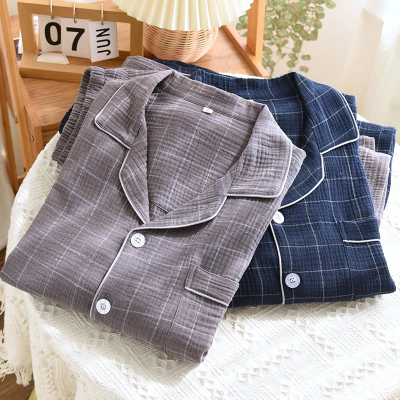 2025 Spring and Autumn New Men's Pajama Set 100%Cotton Crepe Plaid Long sleeved Pants Two Piece Set Cardigan Large Size Homewear