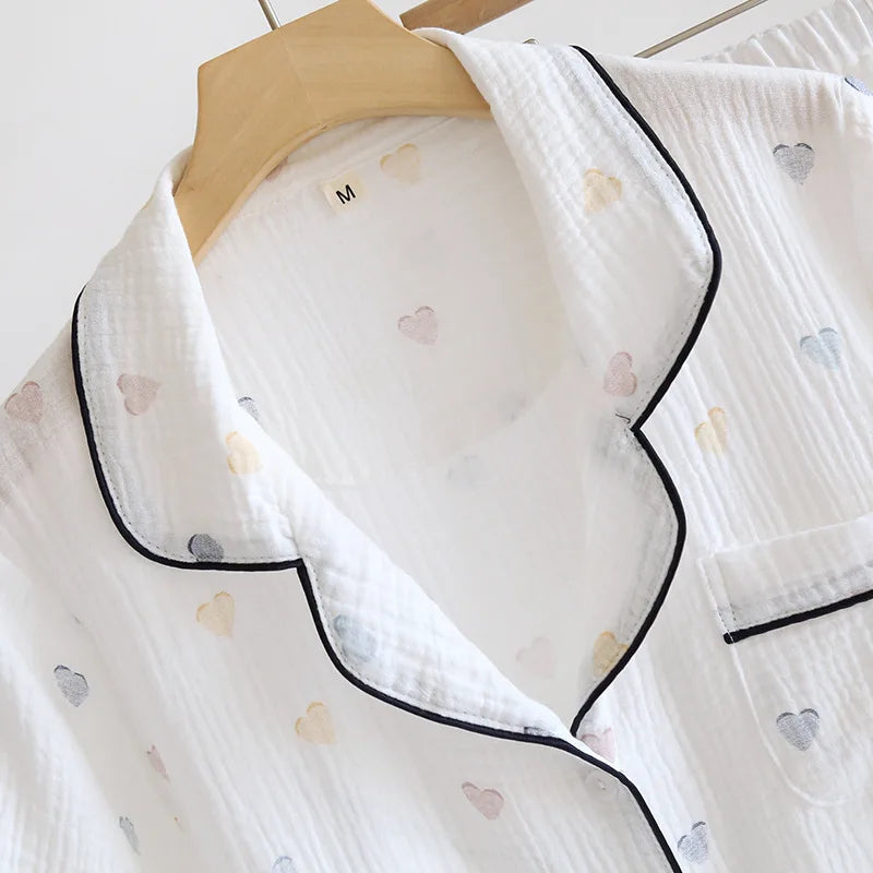 2025 New Summer Women's Pajama Set 100% Cotton Crepe Short Sleeves+Shorts+Pants Three Piece Casual Ladies Homewear Sleepwear
