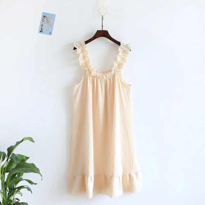 2025 Summer New Style Nightdress Ladies 100% Cotton Crepe Thin Vest Suspender Skirt Loose Long Skirt Sweet And Cute Home Skirt