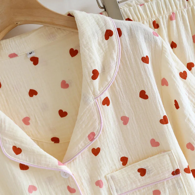2025 New Summer Pajama Set 100% Cotton Crepe Love Short Sleeves+Shorts+Pants Three Piece Buckle Cute Home Fury Ladies Sleepwear