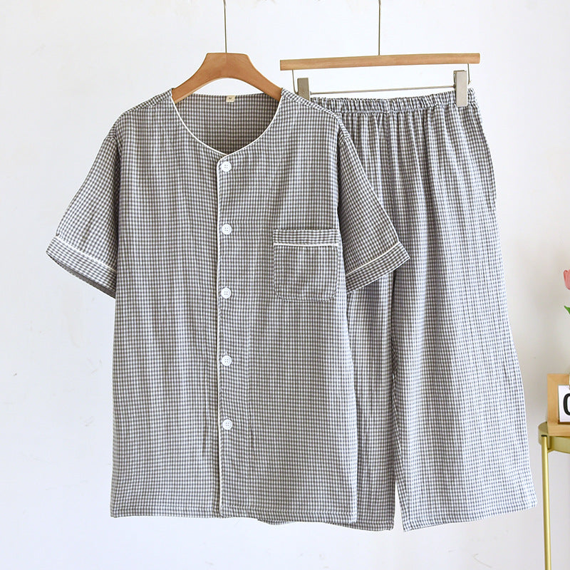 2025 Spring/Summer Couple Pajama Set 100% Cotton Gauze Short Sleeves+Capris Two Piece Men's and Women's Checkered Home Fur