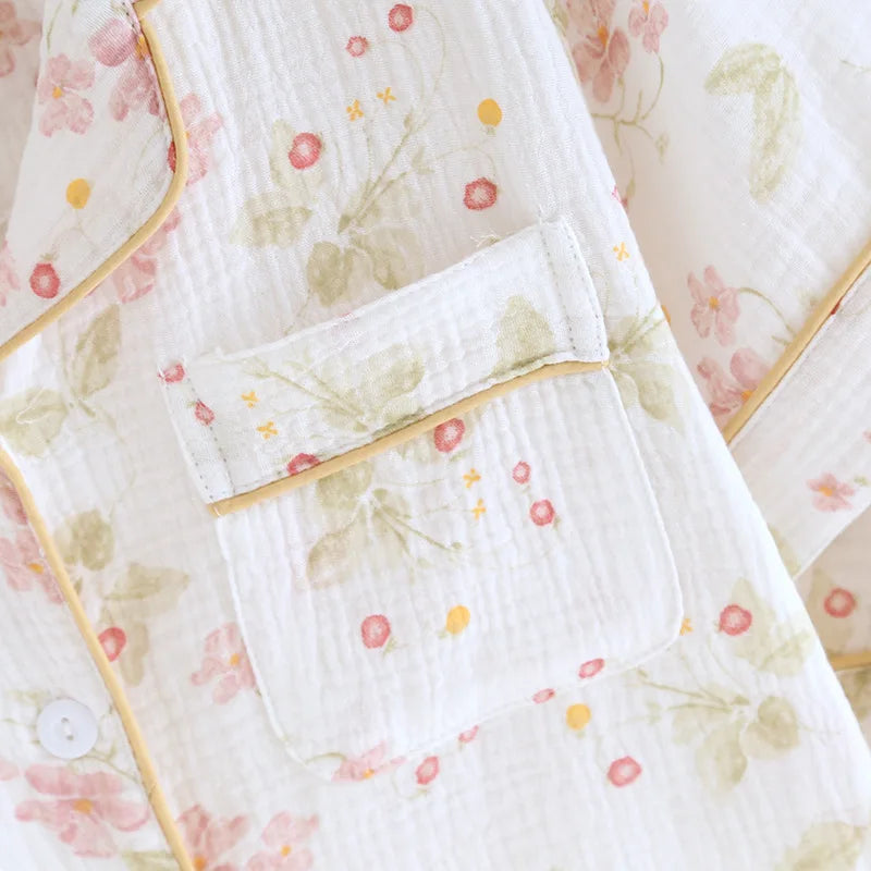 2025 New Spring/Summer Women's Pajama Set 100% Cotton Crepe Short Sleeve+Shorts+Pants 3-Piece Thin cardigan Home Clothes Ladies