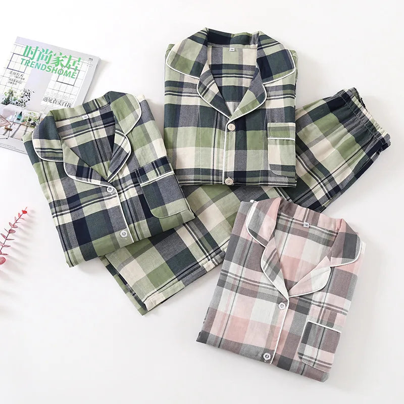 Spring and autumn men and women cotton double gauze long sleeve trousers suit couple summer thin pajamas home service plus size