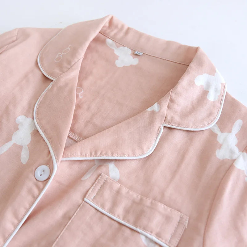 Summer new couple pajamas three-piece set short-sleeved + shorts + trousers 100% cotton gauze men's and women's home clothes