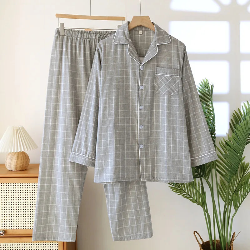 2025 New Spring and Autumn Men's Pajama Set 100% Cotton Long Sleeve Long Pants Two Piece Set Loose Large Home Clothes