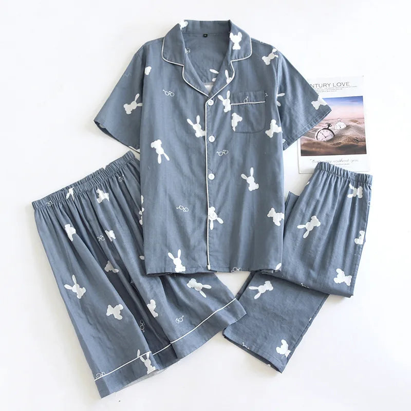 Summer new couple pajamas three-piece set short-sleeved + shorts + trousers 100% cotton gauze men's and women's home clothes