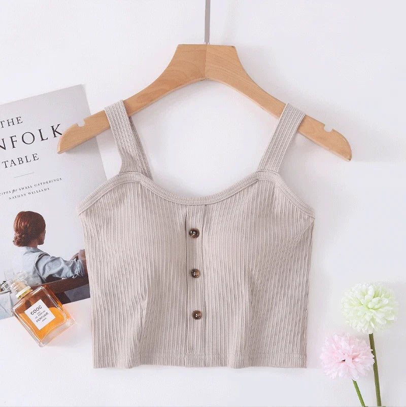 Manufacturer wholesale 2025 new spring and summer cotton belt bra sling vest women button wide shoulder belt women's navel vest