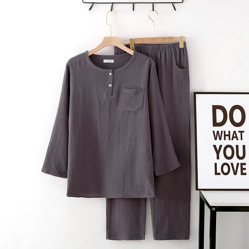 Spring and summer new style men's pajamas suit 100% cotton crepe two button long sleeved trousers two-piece leisure home suit