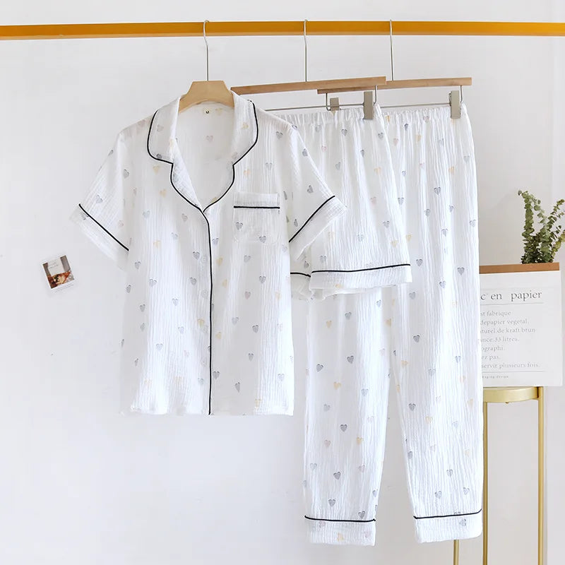 2025 New Summer Women's Pajama Set 100% Cotton Crepe Short Sleeves+Shorts+Pants Three Piece Casual Ladies Homewear Sleepwear