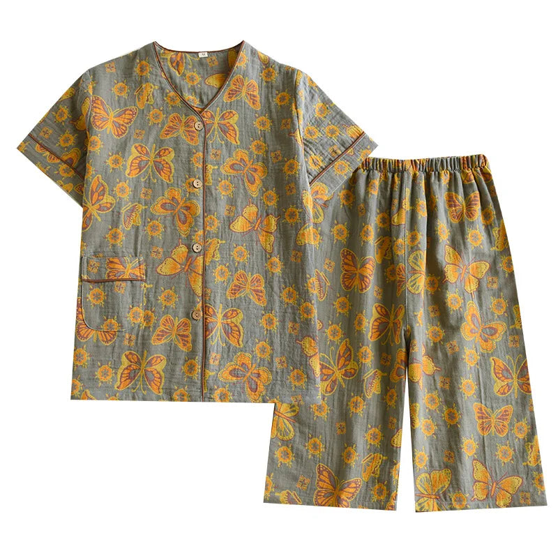 2025 Spring/Summer New Women's Pajama Set 100% Cotton Jacquard Short Sleeves+Capris Two Piece V-Neck Thin Homewear Ladies