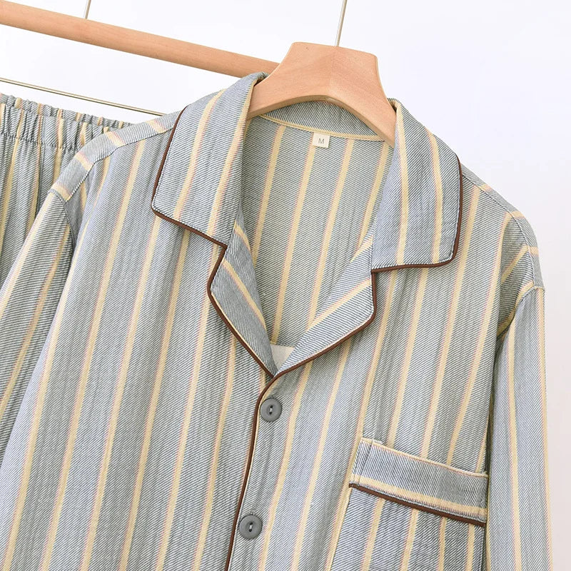 New men's sleepwear two-piece set for spring 2025 100% cotton crepe fabric vertical stripe long sleeved long pants home suit set