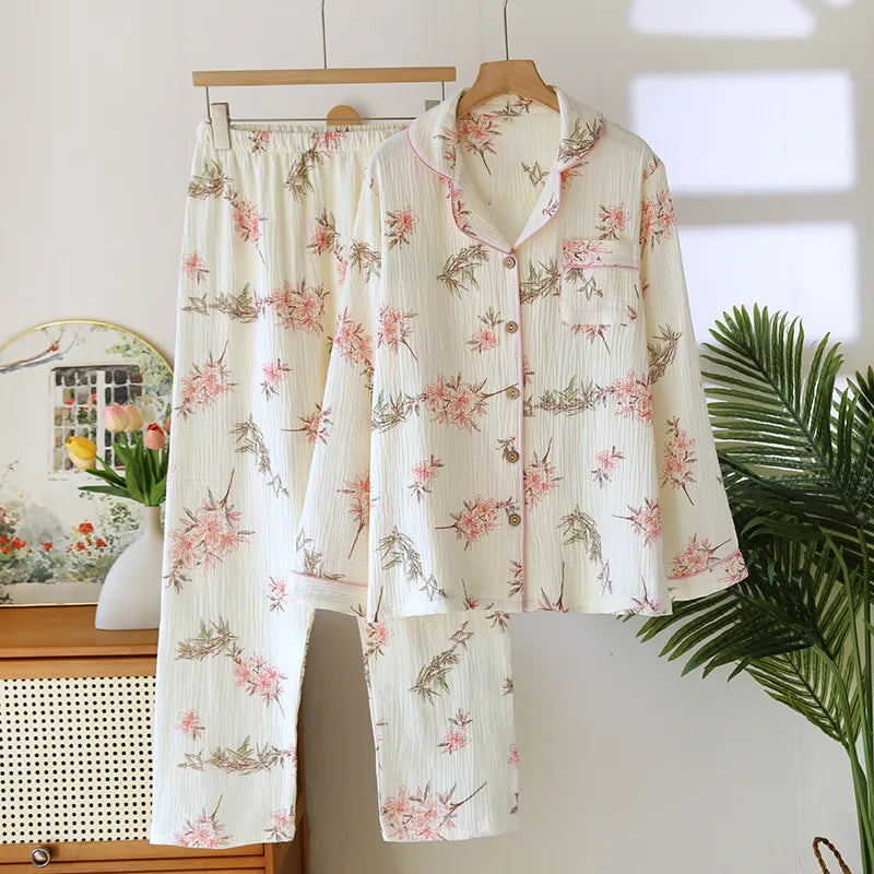 2025 New Spring/Summer Women's Pajama Set 100% Cotton Crepe Cute Love Long Sleeve Long Pants Two Piece Set Cardigan Home Clothes