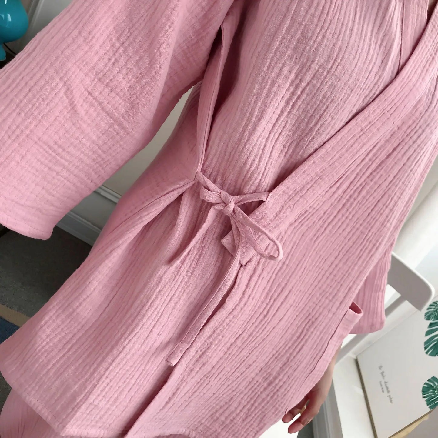 Japanese kimono suit lovers 100% cotton crepe pajamas long sleeved trousers two-piece kimono suit for men and women sleepwear