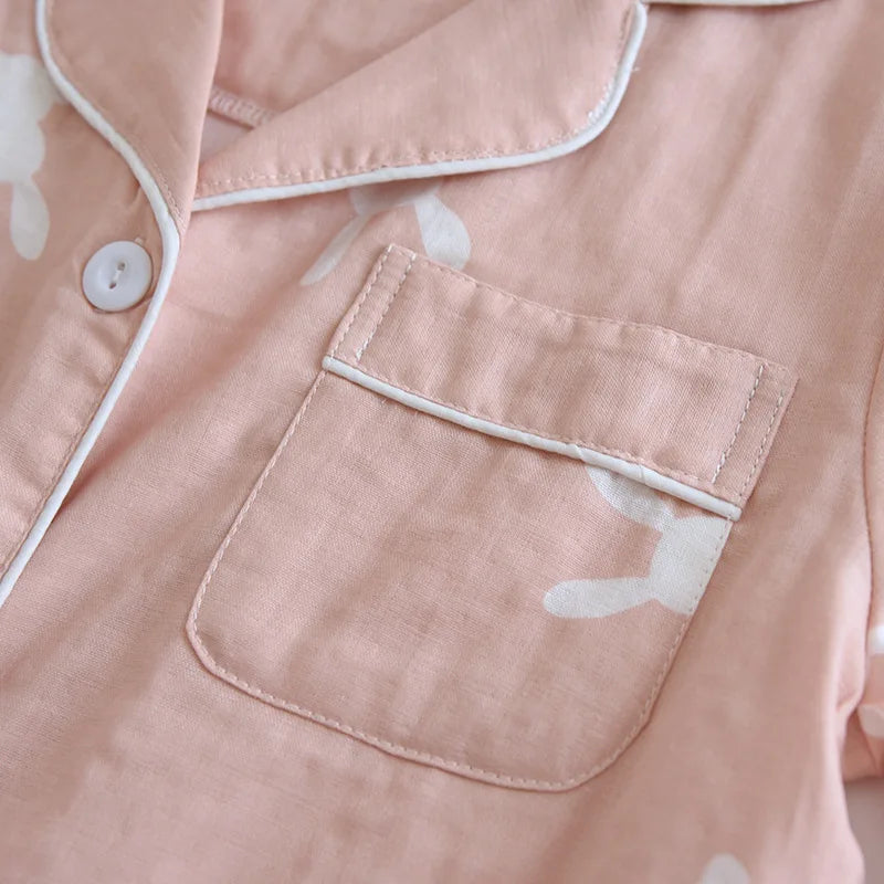 Summer new couple pajamas three-piece set short-sleeved + shorts + trousers 100% cotton gauze men's and women's home clothes
